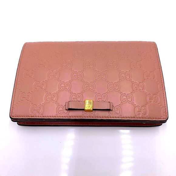 Auth Gucci Wallet On Chain Pink Beige Bow Guccisima Leather Gold Chain Strap Ex+ - Picture 10 of 16